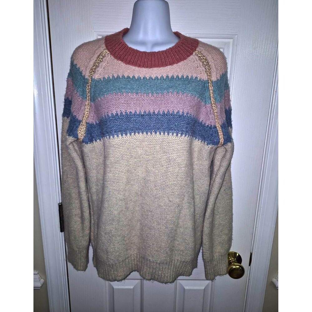 Hem & Thread Chunky Knit Striped Sweater S Metallic Gold Trim Boho